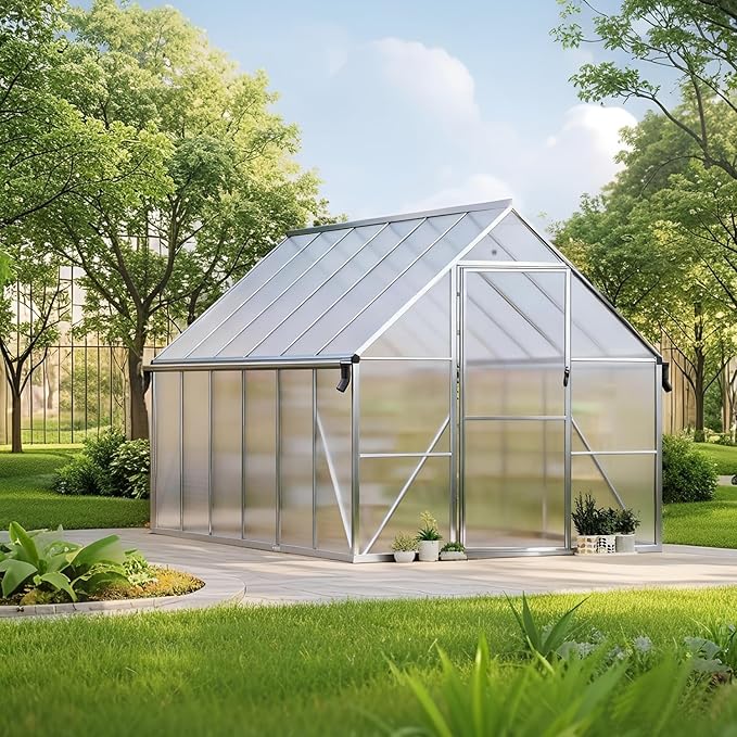 8x12 FT Outdoor Greenhouse, Heavy-Duty Polycarbonate Greenhouses Kit with Reinforced Aluminum Frame, Adjustable Roof Vent & Quick-Connect System for All Seasons & Winter Use