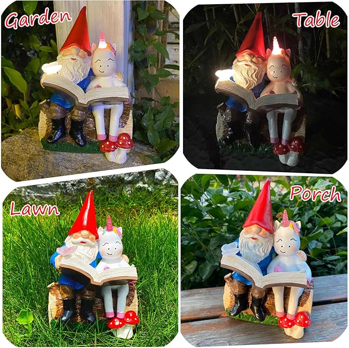 8'' Gnome and Unicorn Reading Book Statue,Funny Garden Gnomes Outdoor Statues for Garden Decor with Solar Lights,Gnomes Decorations for Yard Patio Lawn Cute Ornament Decoration,Gifts for Girl,Grandpa