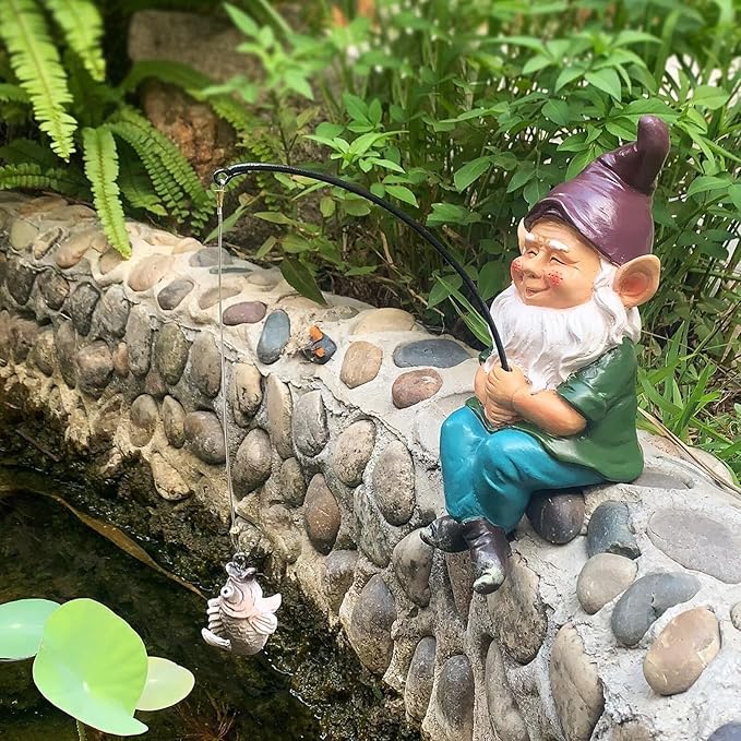 Garden Gnome Pond Decortations Outdoor Statue for Patio, Pond and Waterfall, Gnome Statue Koi Pond Decor, 9.7 Inch Fishing Gnome Figurine & Sculpture Poolside Statue with Luminous Stone