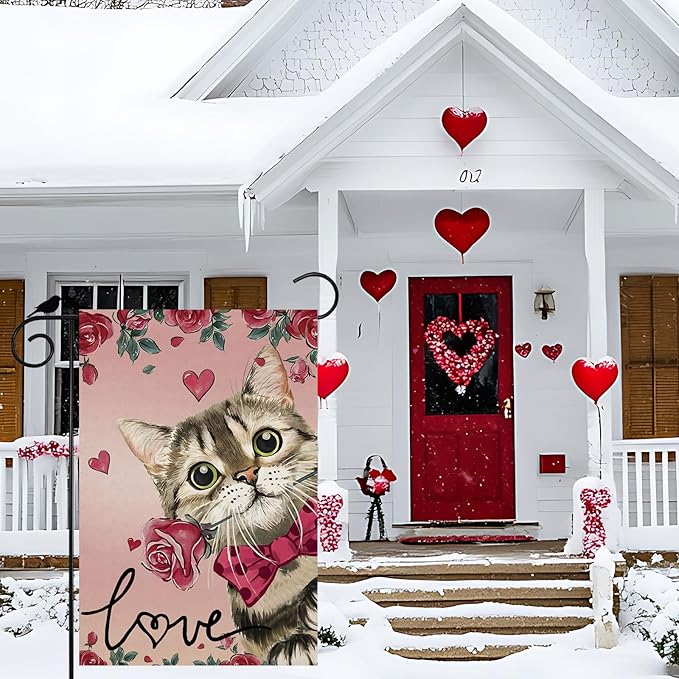 Valentine’s Day Romantic Roses Love Hearts Cat Garden Flag Yard Flag 12x18 Inch Double Sided Small Mini Yard Outdoor Outside Holiday Decoration