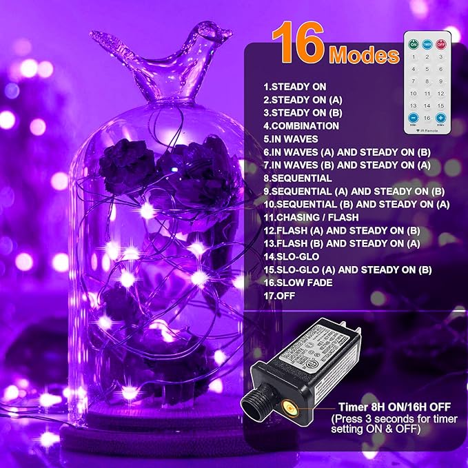 LAMPHOME Halloween Fairy Lights Plug in, 33Ft 100 LEDs Waterproof Twinkle Firefly Lights, Adaptor Included, Starry String Lights for Wedding Indoor Outdoor Christmas Patio Garden, Purple