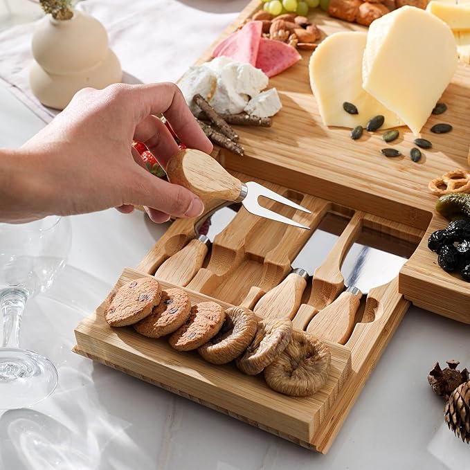 Personalized Charcuterie Board Set, Custom Engraved Bamboo Cheese Board, Christmas, Wedding and Housewarming Gift for Couples, Anniversary and Bridal Shower (1 DRAWER)