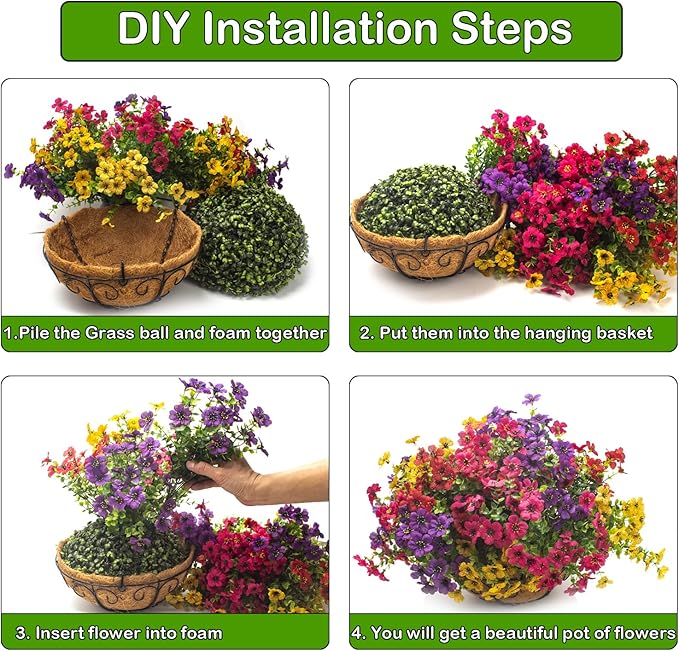 Grunyia Artificial Hanging Flowers Basket with Colorful Silk Daisies & Eucalyptus - UV/Sun-Resistant Plant for Outdoor Porch, Patio, Balcony - Indoor/Outdoor Home Decor
