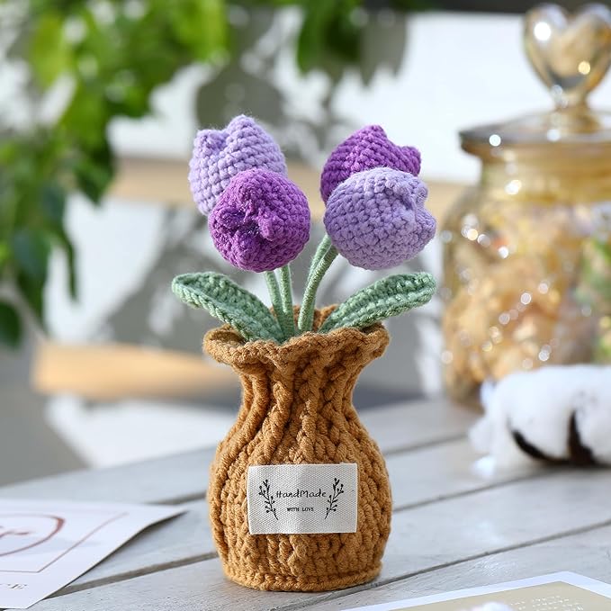 YOOJEE Tulip Crochet Flower Potted Plant Handmade Desk Decor Gift