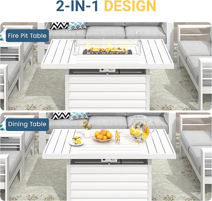 Wisteria Lane Aluminum Patio Furniture Set, 7 Seats Metal Outdoor Furniture Set with CSA Certified 54in Propane Gas Fire Pit Table, Patio Conversation Set with 5in Olefin Cover Cushions (White)