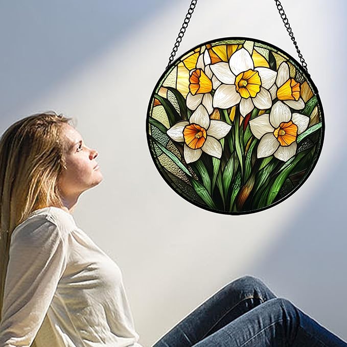 AMDERVEN Stained Glass Window Hanging, Yellow and White Daffodils Sun Catcher for Door Home Decor Plants Flowers Suncatcher Christmas Mother's Day Birthday Gifts for Women Men Mom Nana 9.8 in