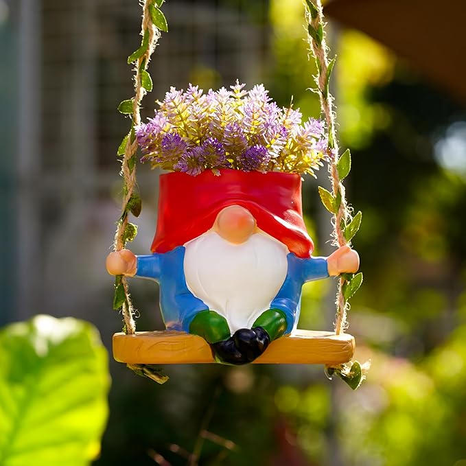 Swing Garden Gnome Hanging Planters for Indoor Plants, Cute Small Succulent Pots with Drainage Hole, Resin Plant Hangers Outdoor, Hanging Plant Holder for String Of Pearls, Gift Ideas for Mother