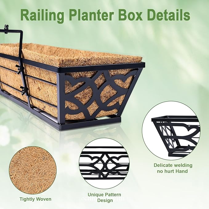 Railing Planter Box, Window Planter Boxes Outdoor 2 Pack 24 Inch Hanging Planter with Adjustable Bracket for Porch, Fence Flower Baskets with Coco Liners