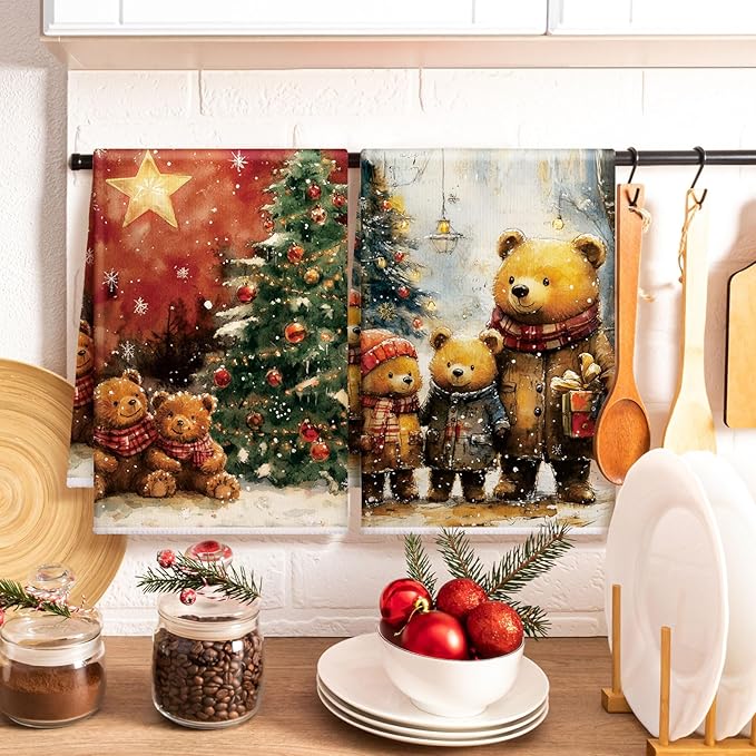 Bencailor 16 Pcs Christmas Kitchen Towels Xmas Holiday Hand Dish Towels Vintage Bear Tea Dishcloths for Christmas Holiday Kitchen Bathroom Home Decor Gifts, 16 x 24 Inch