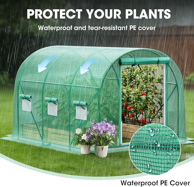 Grezone Walk-in Greenhouse Upgraded Green House with Zippered Screen Doors & 6 Screen Windows Heavy Duty Plastic Plant Warm House with Reinforced Frame (12x7x7 FT)