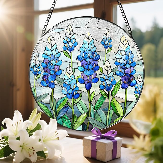LAOWEIKI 8'' Texas Bluebonnet Sun Catcher Ornament, Stained Glass Window Hanging, Suncatchers for Windows Hanging Ornaments, Window Decor | Flower Lover Gift, Gifts for Mom Grandma