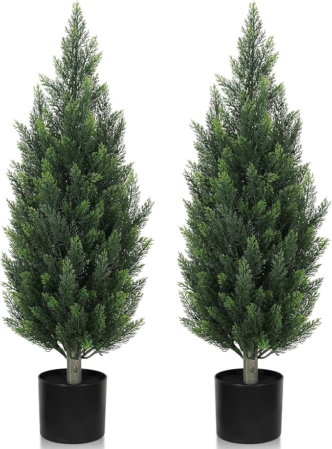 Artificial Cedar Trees for Outdoors Indoor - 3ft UV Resistant Faux Topiary Trees for Front Porch Decor, Realistic Potted Cypress Plants for Outside Planters, Fake Pine Shrubs for Home Patio, Set of 2