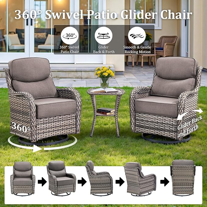Luxury Patio Furniture Set with 42.5" Fire Pit Table, 8 Pieces High Back All Weather Wicker Outdoor Furniture w/ 6-Inch Thick Cushions, Patio Swivel Chairs Couch for Deck Balcony Backyard Grey