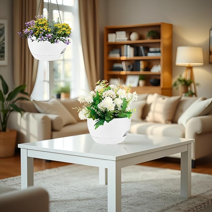 zople 2 Pack 12 Inch Large Hanging Planters with Chains Self Watering White Plastic Hanging Pots for Indoor Outdoor Plants, Garden Porch Home Decor，White