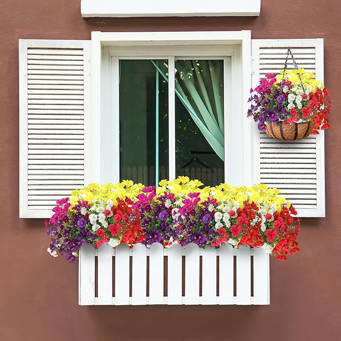 Artificial Flowers for Outdoors 12 Bundles Realistic Faux Plants UV Resistant Fake Silk Morning Glory with Eucalyptus for Front Door Planter Patio Porch Spring Summer Decoration (6 Mixed Color)