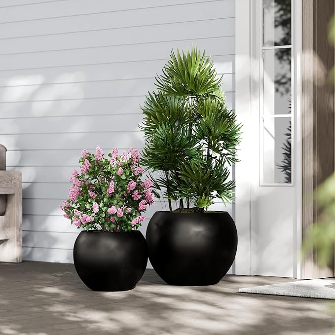 DTY Signature Mount Sherman Modern Indoor Outdoor Fiberstone Sphere Planter, Durable Round Garden Pot, Weather Resistant, Drainage Hole & Rubber Plug - Medium, Black