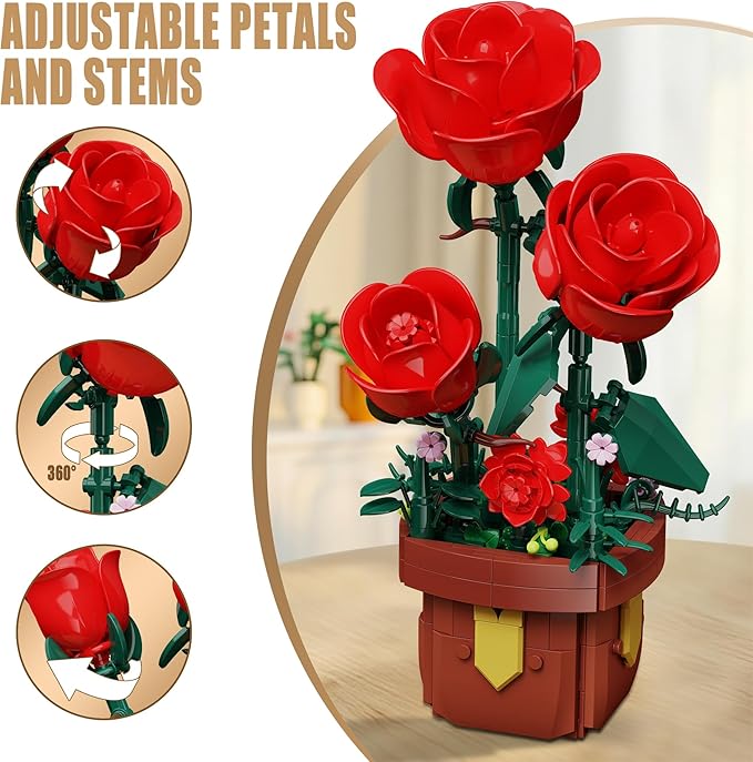 EITOLNR Roses Flowers Botanicals Building Sets,Artificial Plants Bonsai Building Blocks Toys for Adults,Indoor Home Office Decor,Easter Christmas Birthday Gift for Adults Women,Girls Age 8-12(307Pcs)