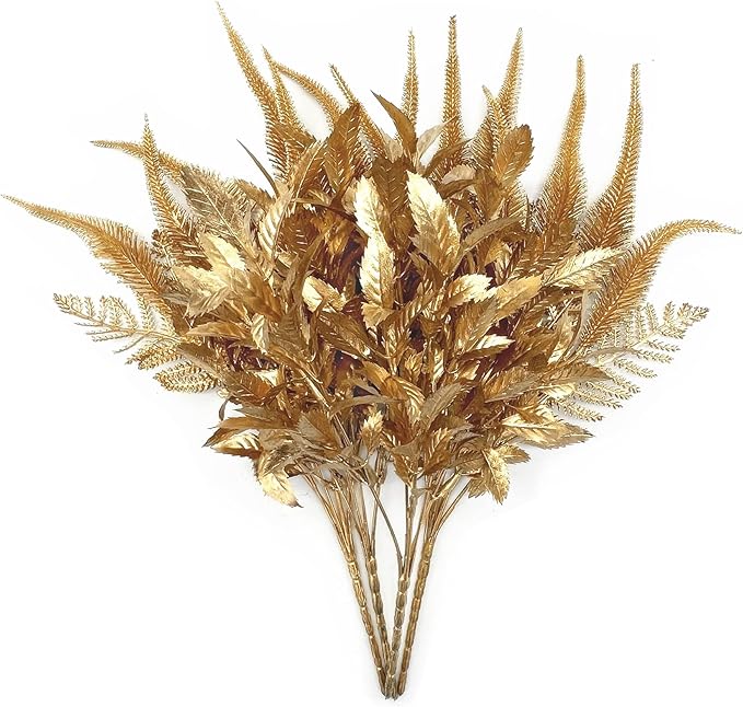 Fake Flowers Golden Bouquet Christmas Decorations, PASYOU Artificial Plants Plastic Shrubs Grass Leaves Indoor Outdoor Home Garden Party Hotel Verandah Wedding Event Faux DIY Table Decor - Gold 4 Pack