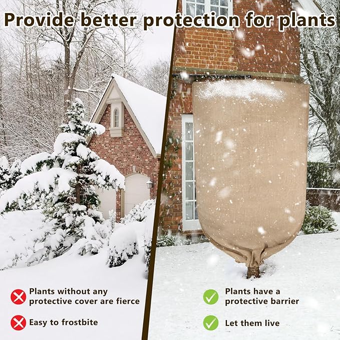 2 Pack 70”x45” Burlap Winter Plant Cover Bags Reusable Burlap Frost Cloth with Drawstring Plant Covers Freeze Protection Freeze Blanket Frost Blankets Shrub Jacket for Outdoor Trees Garden Bushes