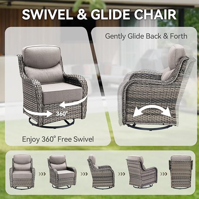HUMMUH Outdoor Patio Wicker Swivel Rocker Chairs Set of 2 with 6-Inch Thick Cushion High Back Wicker Conversation Set for Porch Balcony Deck
