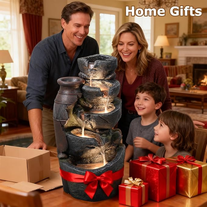 5 Tiered Rock Water Fountain Outdoor with Vintage Jar, Cascading Waterfall Fountain with LED Lights, Outdoor Fountains for Garden or Patio, Yard, and Deck Decor, 16.5" L x 12.6" W x 31.7" H