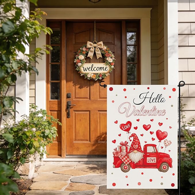 pretty_jessie Valentines Day Garden Flag 12x18 Inch Double Sided, Hello Valentine Gnome Red Love Hearts Burlap Yard Flag Anniversary Patio, Porch, Backyard Outdoor Decorations