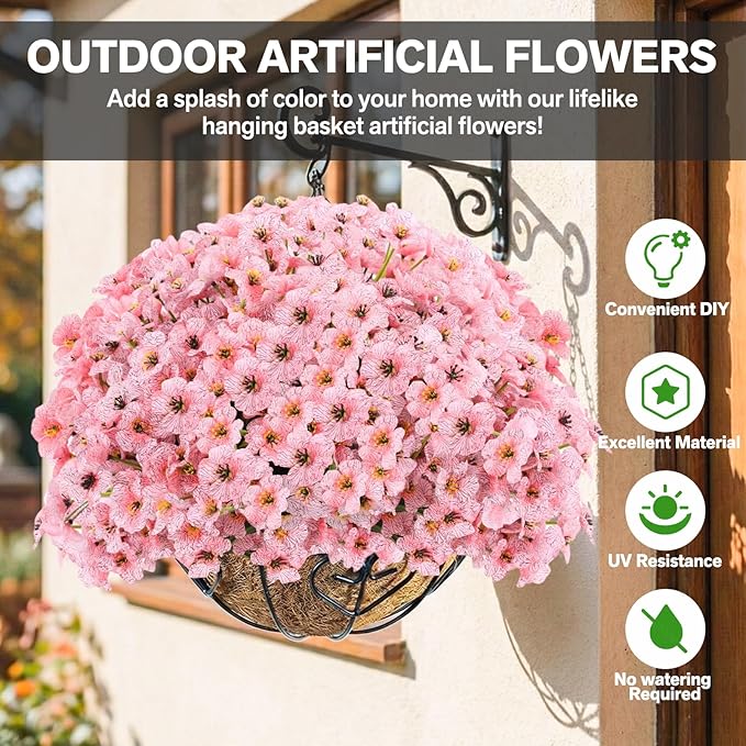 22 Pack Artificial Flowers Outdoor, Faux Flowers UV Resistant with Plastic Plants, Faux Silk Flowers for Outdoors Outside Front Porch Hanging Planter Window Box Garden Decoration(Pink)