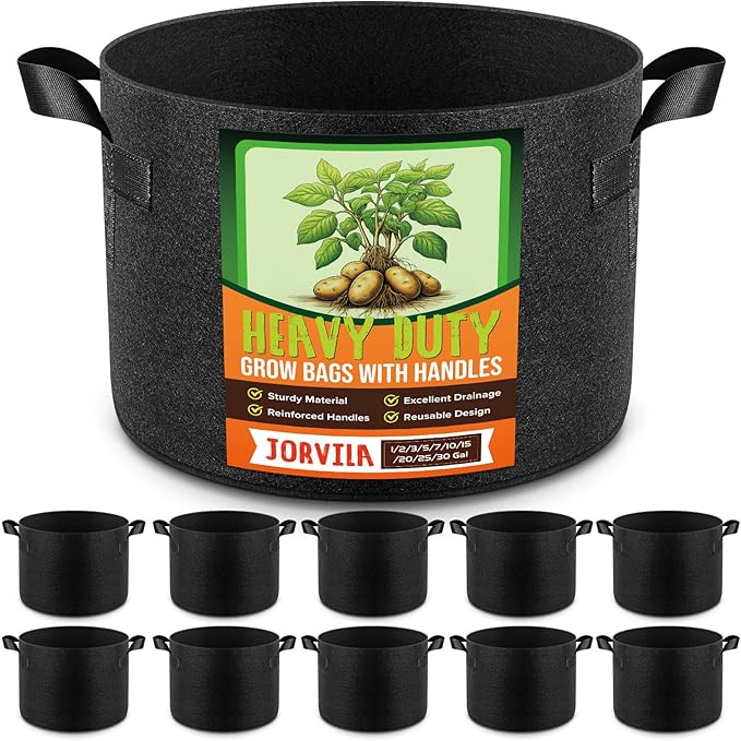 Jorvila 10 Pack 10 Gallon Grow Bags, Thickened Nonwoven Fabric Planter Pots with Handles, Heavy Duty 300G Garden Pots for Tomato, Potato and Vegetable