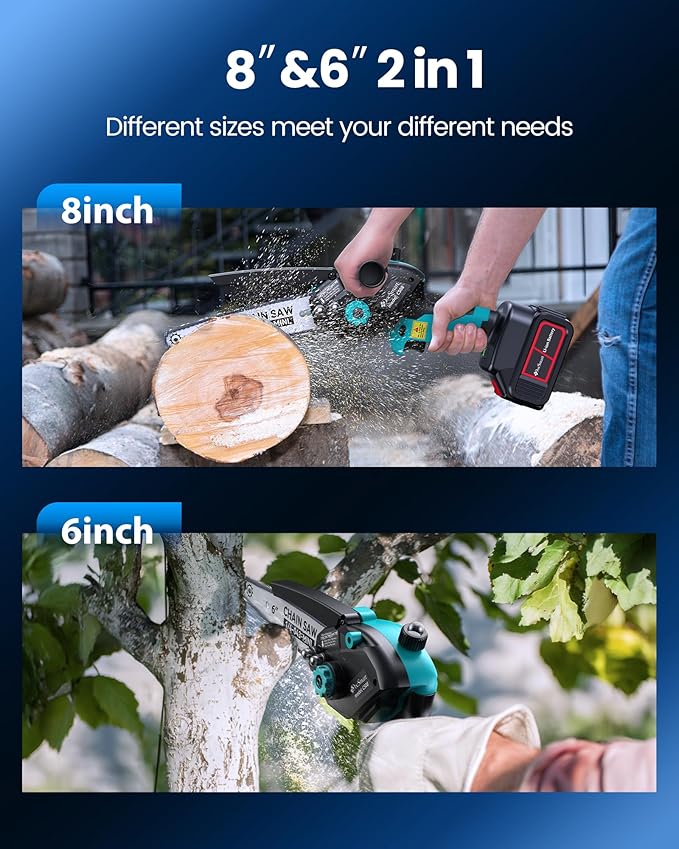 Mini Chainsaw Cordless, 8 inch & 6 inch Electric Chain Saw with 2pcs 4000mAh Batteries, Battery Powered Handheld Saw for Trees Trimming Wood Cutting, Ideal Gift for Men Dad Husband