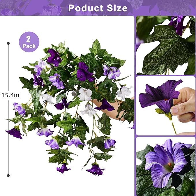Artificial Morning Glory Flowers Plants for Outdoor 2Pcs Faux Silk Petunias Flower Realistic Faux Flowers Plants for Outside Planter Porch Yard Patio Balcony Home Indoor Decor (2 Pcs Purple)