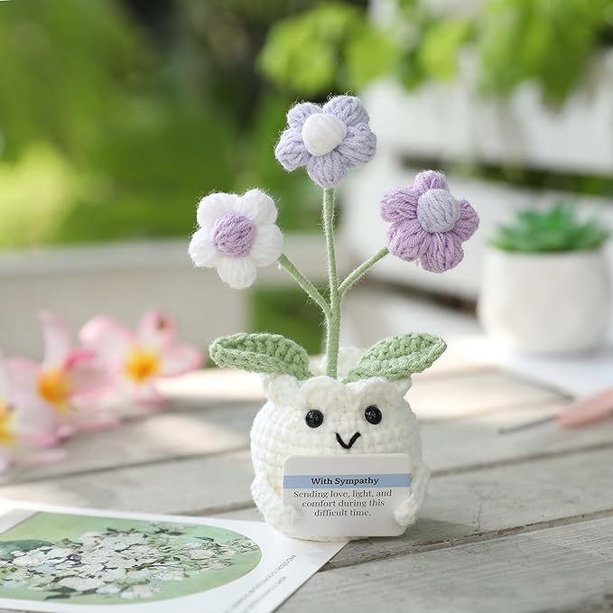 YOOJEE Crochet Sympathy Gifts for Loss of Loved One – Send Sympathy Crochet Puff Flower Potted Plant with Comfort Card – Bereavement, Grief Support Gift Idea for Grandpa Grandma Mom Dad Women Friends