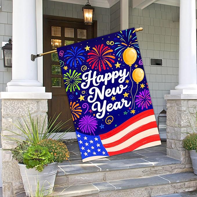 Happy New Year House Flag 28x40 Inch American Flag Fireworks and Balloons Design Garden Flag Patriotic Holiday Outdoor Yard Decoration Celebration Banner for Home Porch Lawn