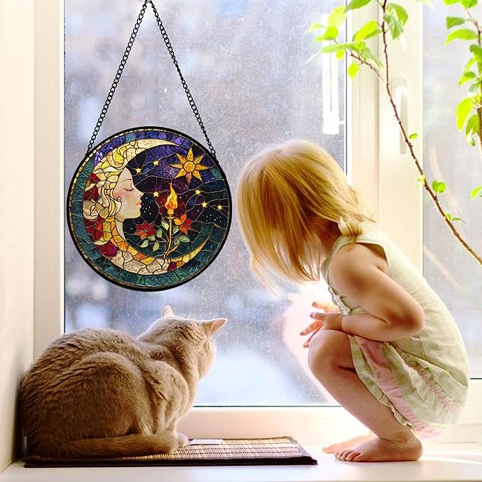 DASTOLL Stained Glass Window Hanging, Moon Goddess Torch Suncatcher Diamond Glass Panel Hangings Dream Sun Catchers Decor for Birthday for Women, Men, Wife, Aunt, and Mom 11.8x11.8 in