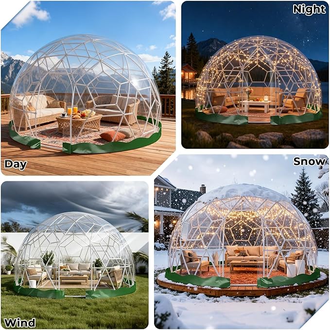 Garden Dome Tent 12*7.2FT, 360° View Geodesic Dome Greenhouse with PVC Clear Cover, Waterproof Garden Bubble Dome Tent House with 2 x 10M Light Strings for Outdoor, Green
