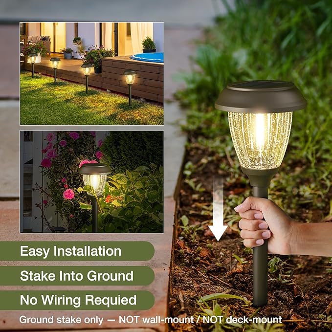 XMCOSY+ Solar Lights Outdoor 10/25 LM LED with 2 Lighting Modes, Solar Garden Lights Glass and Metal, IP65 Waterproof Solar Powered for Yard Pathway Walkway Driveway Patio (6 Pack, Warm White)