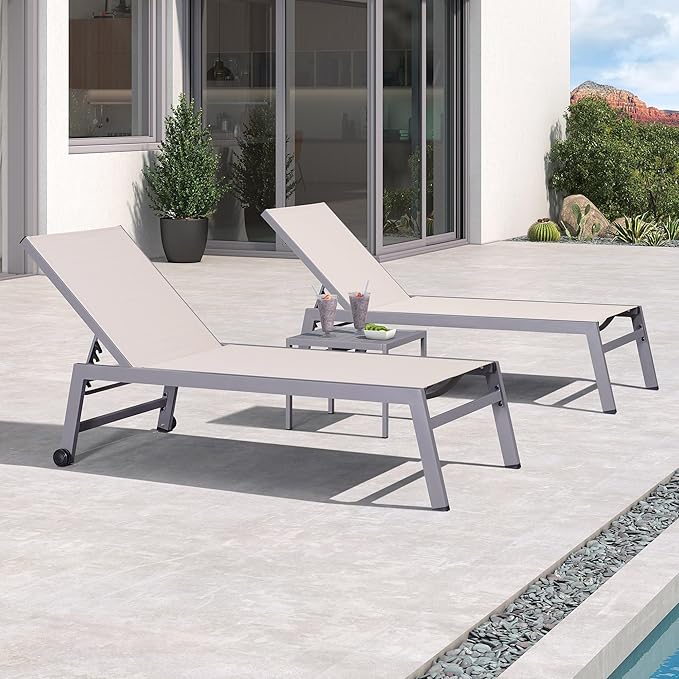 PURPLE LEAF Outdoor Chaise Lounge Set for 2 Oversized Pool Lounge Chairs with Easy-to-Move Wheels and Adjustable Backrest Extra Large Patio Loungers for Poolside Deck Beach Yard Table Included, Khaki