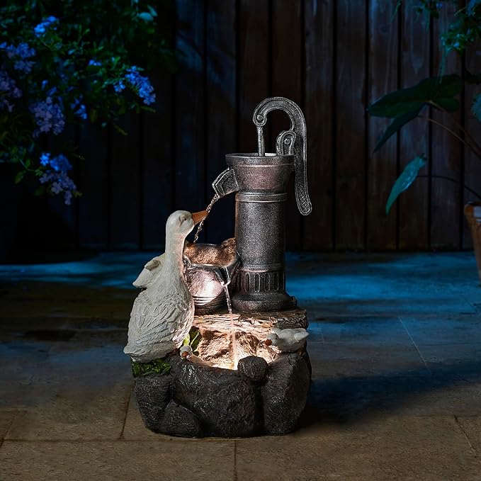 Glitzhome Cute Duck Family Playing Fountain Polyresin Outdoor Decoration with Pump and LED Light, 23.50" H
