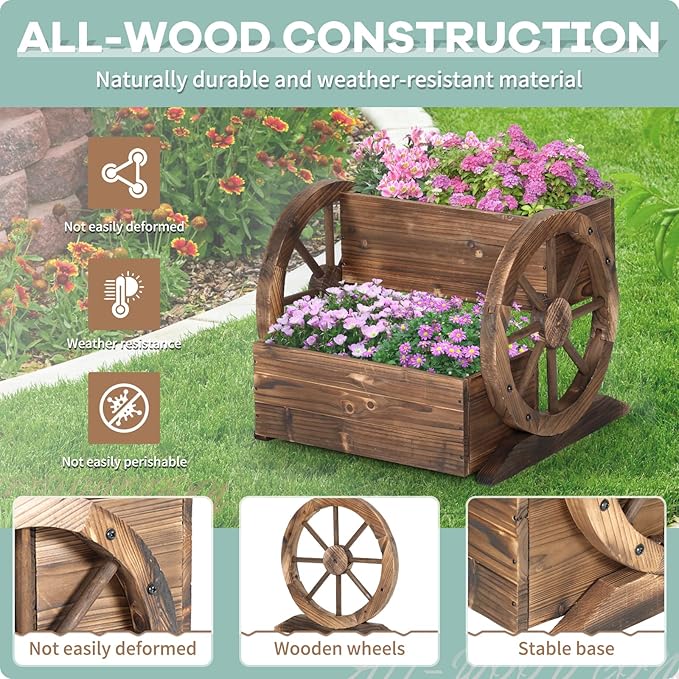Wooden Wagon Planter Box, 2 Tier Garden Planter with Wheels for Flowers/Herbs/Vegetables, Decor Flower Cart for Indoor/Outdoor/Patio/Garden/Balcony(3 Pack)