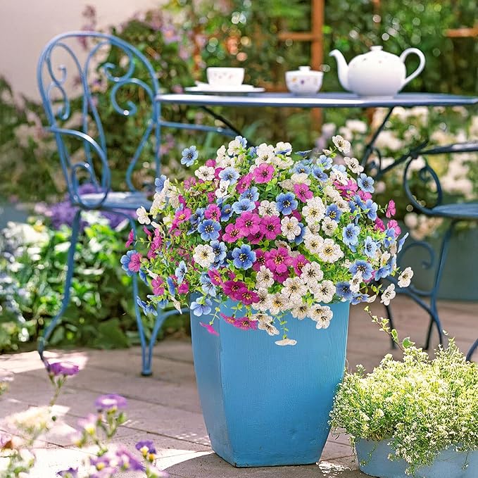 Artificial Spring Flowers Outdoors UV Resistant Plastic Flowers Outdoors Faux Flowers Fake Plants Outside for Garden Porch Planters Silk Flowers Daisy Decor, 6 Bundles (Mix White Blue Purple)