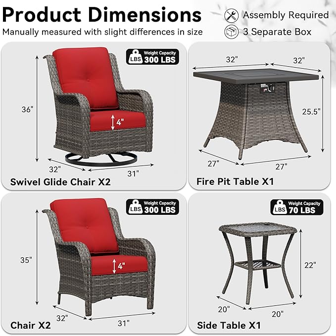 6 Pieces Outdoor Wicker Patio Furniture Set with Fire Pit Table, Patio Chair Set with Thickened Olefin Cushions, High Back and Deep Seating, Hand-Woven PE Rattan for Porch, Deck