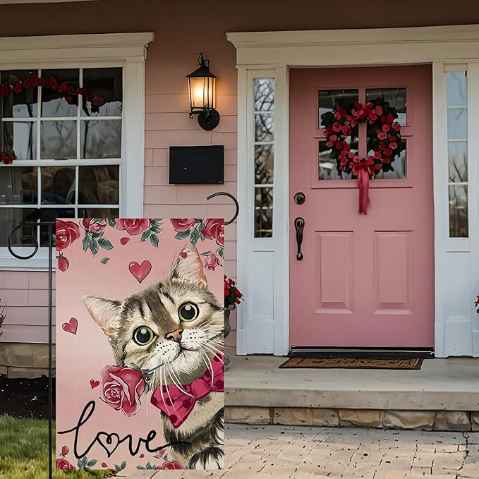 Valentine’s Day Romantic Roses Love Hearts Cat Garden Flag Yard Flag 12x18 Inch Double Sided Small Mini Yard Outdoor Outside Holiday Decoration