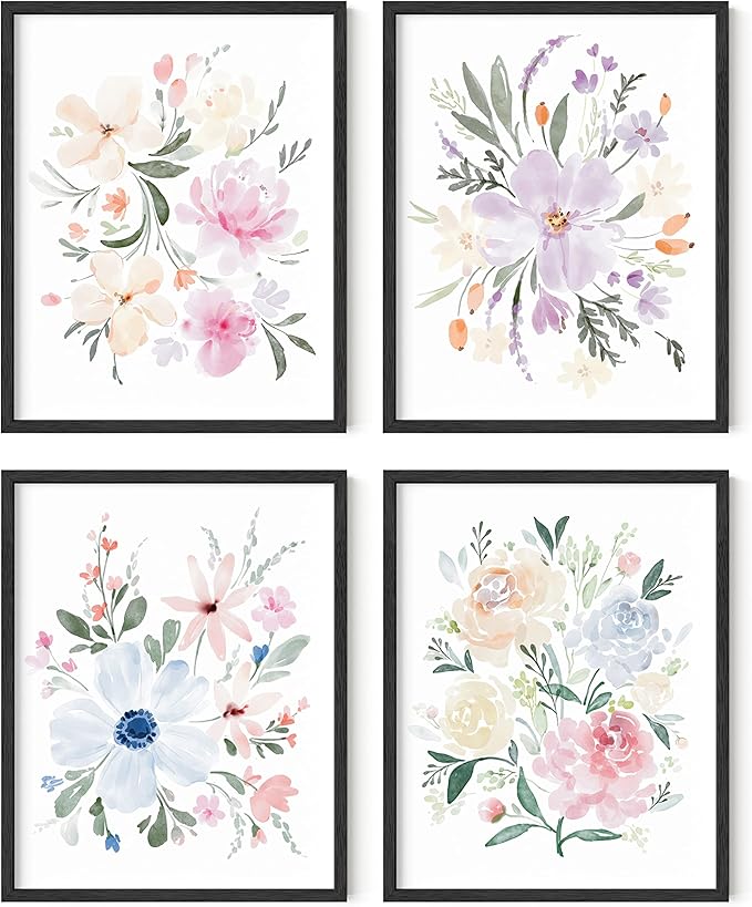 HAUS AND HUES Flower Wall Decor - Set of 4 Floral Wall Art, Framed Paintings, Floral Pictures (11x14, Black Frame)