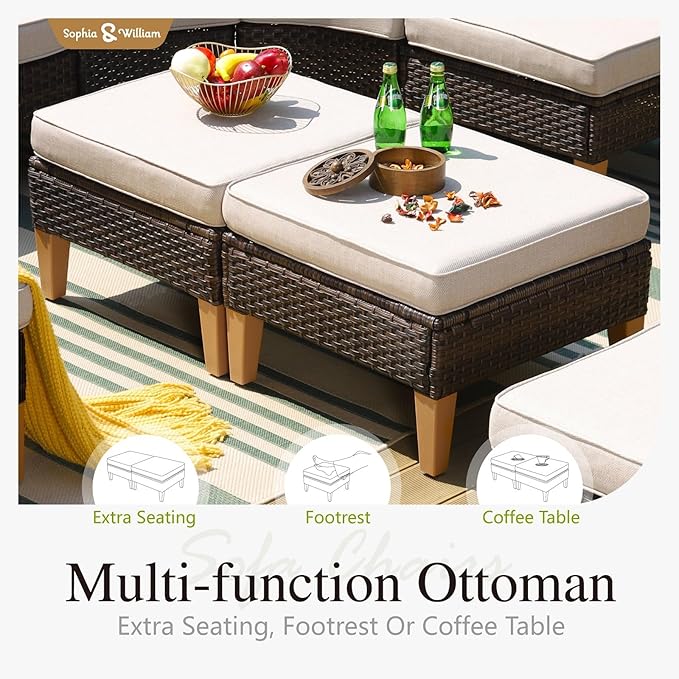 Sophia & William Outdoor Wicker Sectional Sofa Set, Half Moon Curved Patio Furniture Set with Ottman, High Back Patio Rattan Conversation Set for Porch, Backyard,Pool(Beige, 11 Piece)