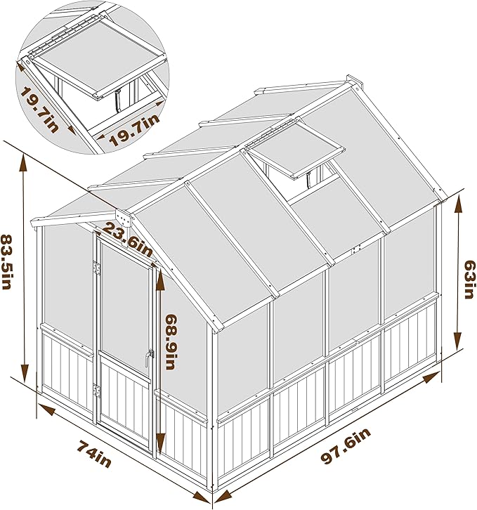 Mupater 6 x 8 FT Wooden Polycarbonate Greenhouse with Ventilated Window and Lockable Door, Walk-in Greenhouse for Backyard, Patio, Lawn, Brown