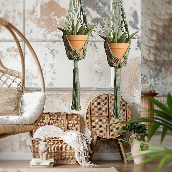Artilady Macrame Hanging Planter for Indoor Plants, Boho Woven Plant Hanger Large Hanging Flower Pot Holders Outdoor Baskets Storage Green Wall Decor (Olive Green)