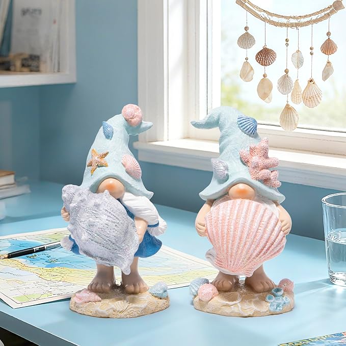 Hodao Coastal Ocean Gnome Figurines – Hand-Painted Resin Beach Gnomes with Seashell & Starfish Hats, Summer Sea Decorations for Indoor Home, Bedroom & Tabletop, for Ocean Lovers