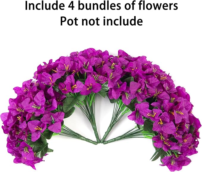 Fake Bougainvillea Artificial Flowers for Outdoors Spring Summer Decor, 4 Bundles Realistic Faux Silk Outside Flowers UV Resistant Faux Plants for Planter Patio Front Door Window Garden Home, Purple