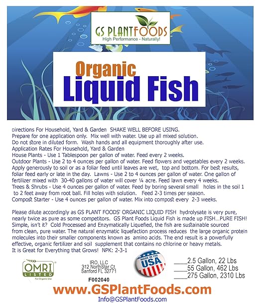 GS Plant Foods Organic Liquid Fish Fertilizer - Natures Growth Boost, OMRI-Certified, Hydrolyzed, Fish-Based, Organic Gardening Solution, 5 Gallons