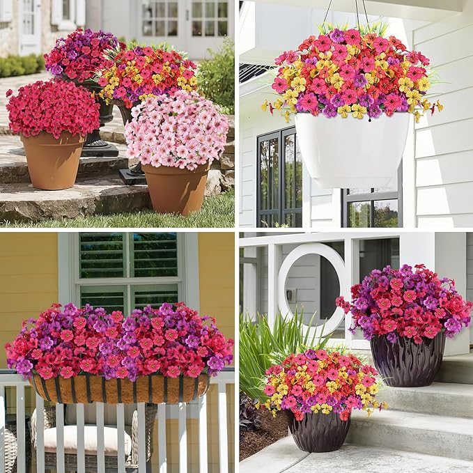 24 Bundles Artificial Flowers for Outdoors, Realistic Fake Silk Flowers for Outside Decoration, No Fade Faux Plants Outdoor Planter Window Box Porch Patio Decor(Rosy red)
