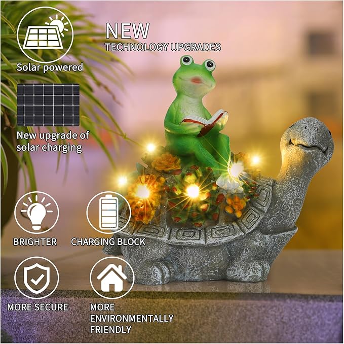 Solar Garden Outdoor Statues Turtle Back Frog Reading with Succulent and 6 LED Lights - Lawn Decor Tortoise Statue for Patio, Balcony, Yard Ornament - Unique Housewarming Gifts